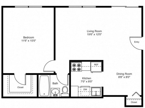 Floor plan for 1 bed, 1 bath, 700 sqft